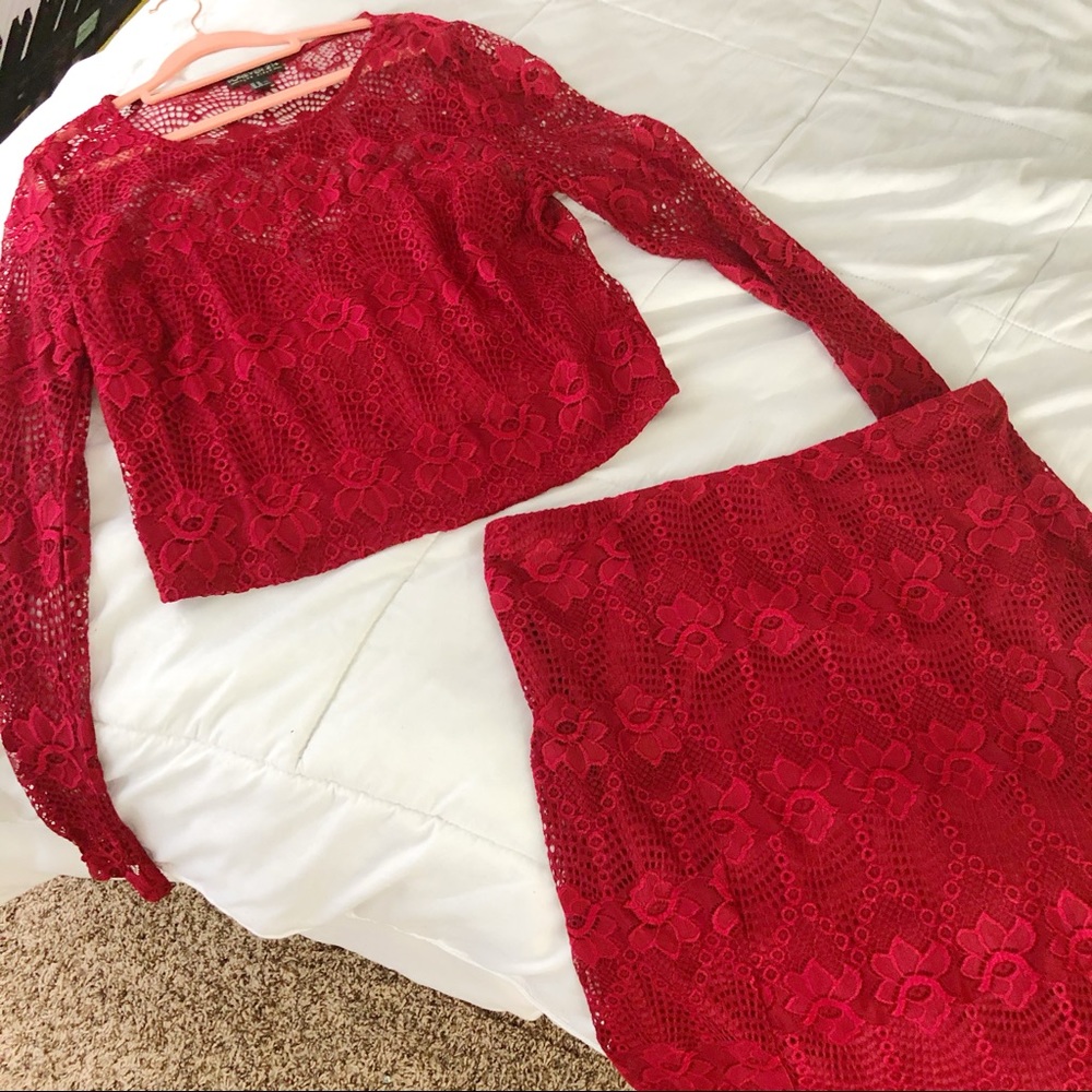 Two Piece Shirt and Skirt Set Red Lace Full Length